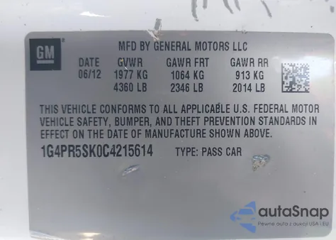 2012 Buick Verano Convenience Group z USA, uszkodzony, nr VIN 1G4PR5SK0C4215614